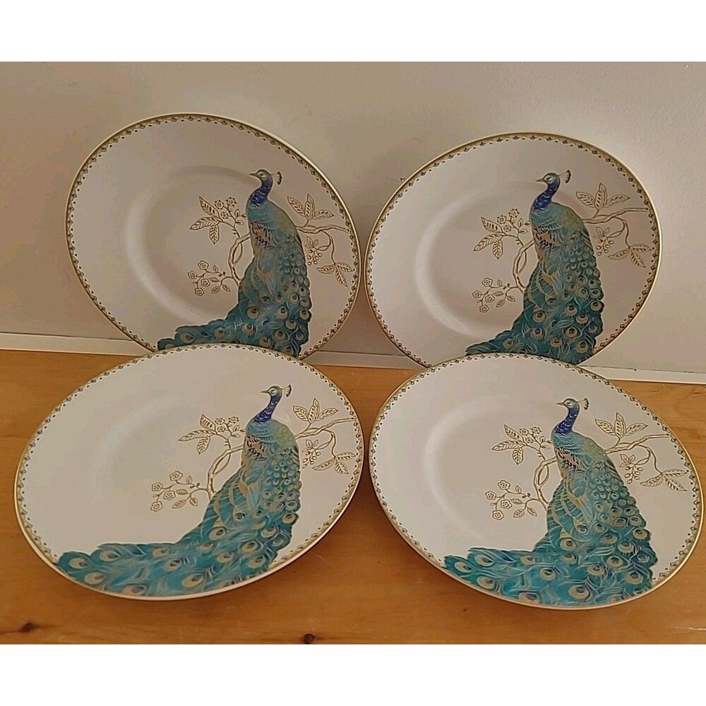 Set of 4 222 Fifth Peacock Garden Porcelain Salad Plates 8.75" Diameter